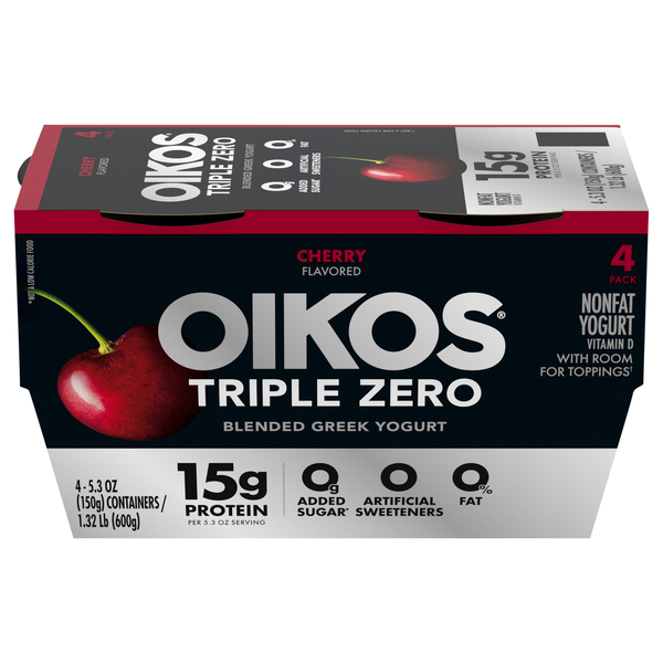 Oikos Triple Zero 15g Protein Non Fat Cherry Blended Greek Yogurt Cup 4 ct