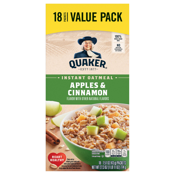 Quaker Apples & Cinnamon Instant Oatmeal Value Pack - 18 ct