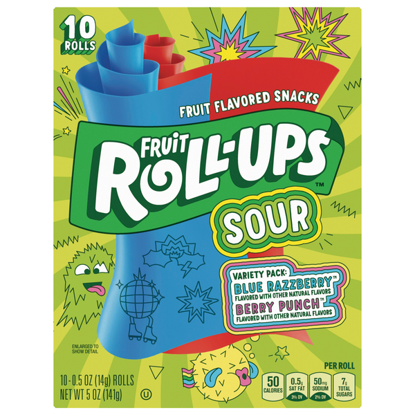 Fruit Roll-Ups Sour Blue Razzberry/Berry Punch Fruit Flavored Snacks -10ct
