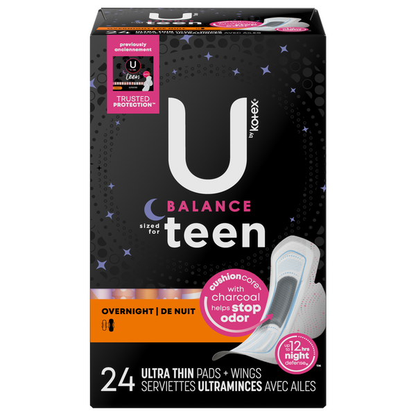 U by Kotex Teen Balance Overnight Ultra Thin Pads with Wings