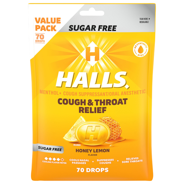 Halls Sugar Free Honey Lemon Cough & Throat Relief Drops