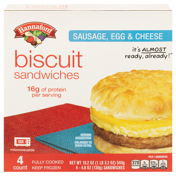 Hannaford Sausage Egg & Cheese Biscuit Breakfast Sandwiches - 4 ct Frozen