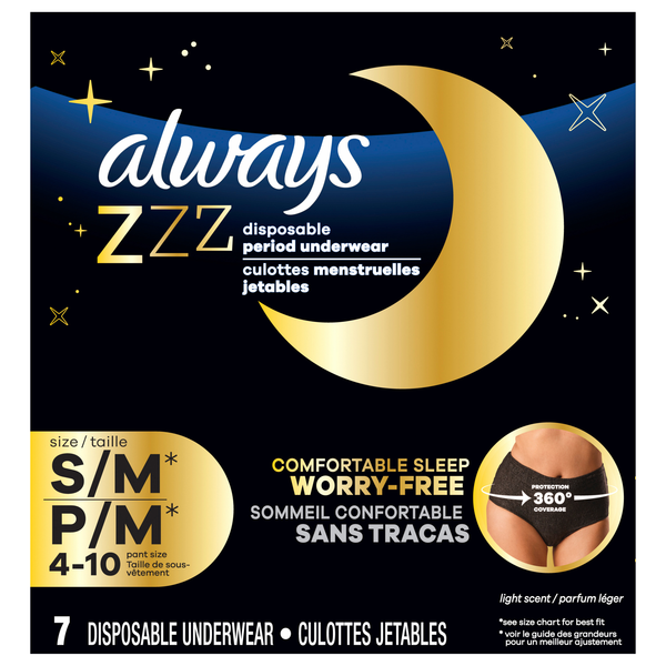 Save on Always ZZZ Size S/M Light Scent Disposable Period Underwear