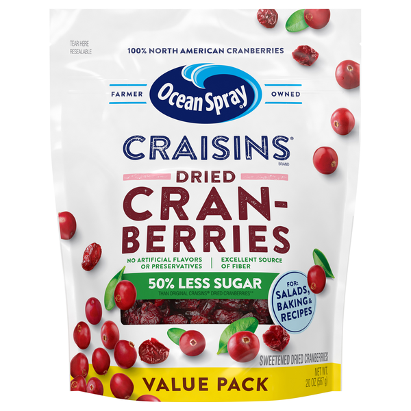 Ocean Spray Craisins 50% Less Sugar Sweetened Dried Fruit Cranberries