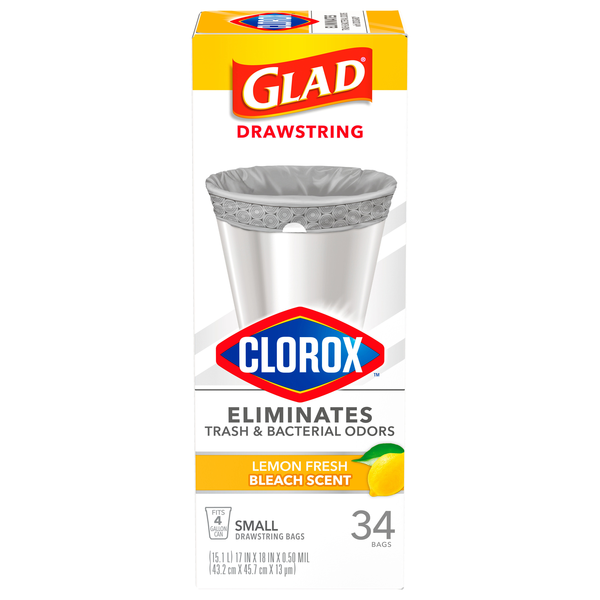 Glad with Clorox Lemon Fresh Bleach Scent Small Drawstring Bags 4 Gallon