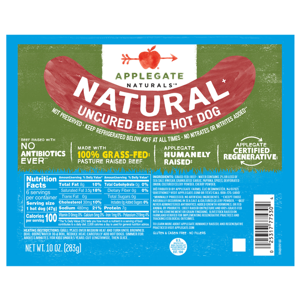 Applegate Natural Grass-fed Uncured Beef Hot Dogs - 6 ct