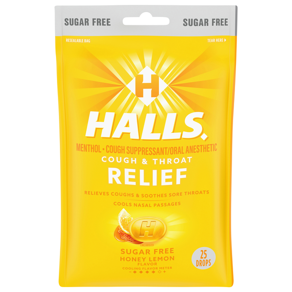 Halls Sugar Free Honey Lemon Menthol Cough & Throat Relief Drops