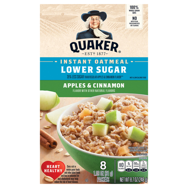 Quaker Lower Sugar Apples & Cinnamon Instant Oatmeal - 8 ct