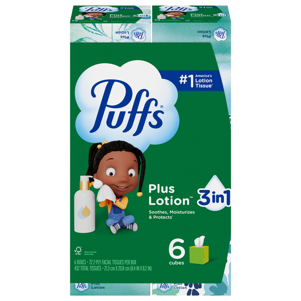 Puffs Plus Lotion Gentle & Soothing 2-Ply Tissue 72 ct ea - 6 pk