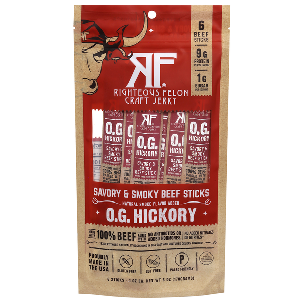Righteous Felon Savory & Smoky O.G. Hickory Beef Sticks - 6 ct