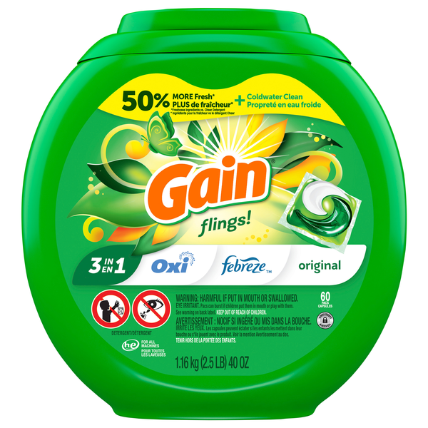 Gain Flings! Original 3-in-1 Laundry Detergent Pacs - 60 ct