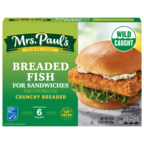 Mrs. Paul's Wild Caught Breaded Fish Fillets For Sandwiches - 6 ct Frozen