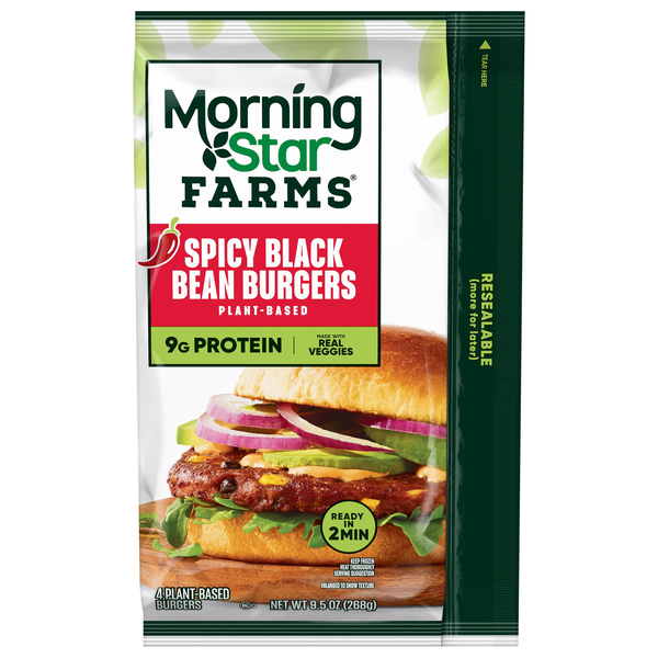 MorningStar Farms Plant-Based Spicy Black Bean Veggie Burgers 4 ct Frozen