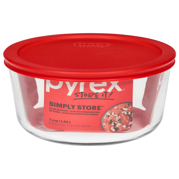 Pyrex Glass Storage Container Round with Red Lid 7 Cups