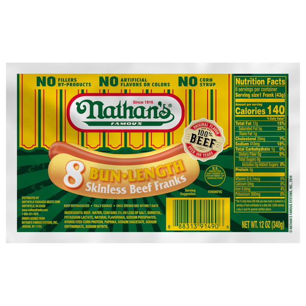 Nathan's Famous Bun Length Skinless Beef Franks - 8 ct