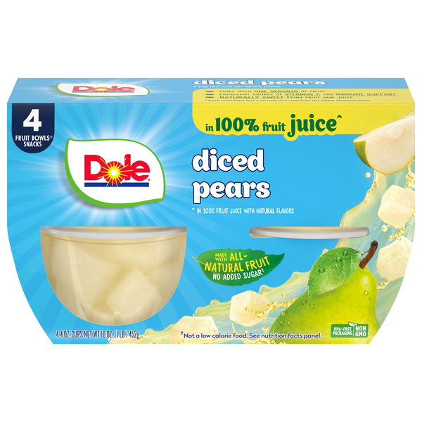 Dole Diced Pears Fruit Cups in Juice - 4 ct