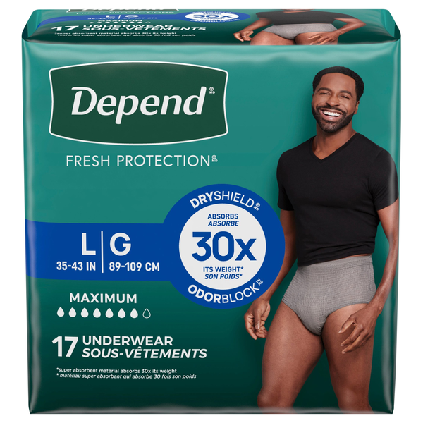 Depend Men's Fresh Protection Incontinence Underwear Maximum Gray L