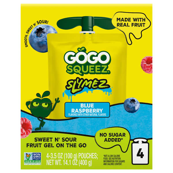 GoGo squeeZ Slymez No Sugar Added Blue Raspberry Fruit Gel Pouches - 4 ct