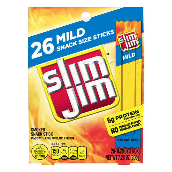 Slim Jim Mild Protein Smoked Meat Sticks Snack Size - 26 ct