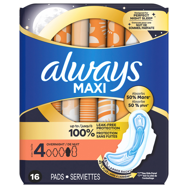 Always Maxi Size 4 Unscented Overnight Pads with Wings