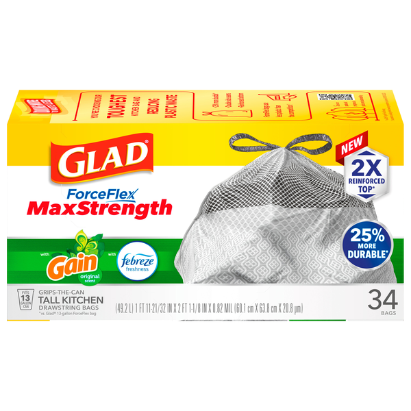 Glad ForceFlex Max Strength Gain Tall Kitchen Drawstring Bags 13 Gallon