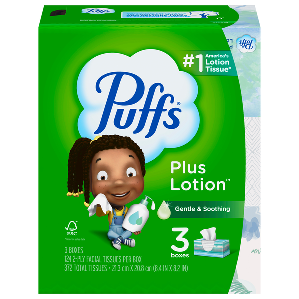 Puffs Plus Lotion 2-Ply Facial Tissue Flat Box 124 ct ea - 3 pk