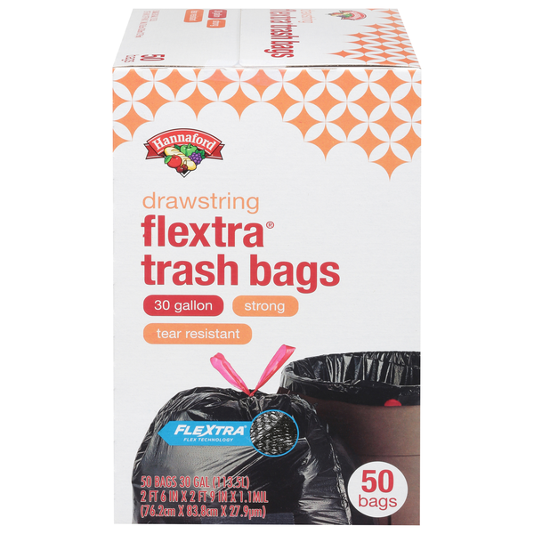 Hannaford Flextra Drawstring Black Bags 30 Gallon
