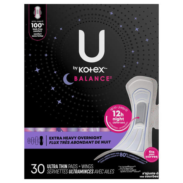 U by Kotex Balance Extra Heavy Overnight Ultra Thin Pads with Wings
