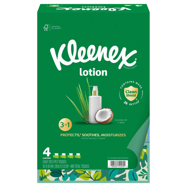 Kleenex Soothing Lotion 3-Ply Facial Tissue Flat Box 120 ct ea - 4 pk