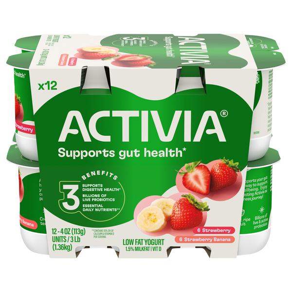 Activia Lowfat Strawberry Banana/Strawberry Yogurt Cups - 12 ct