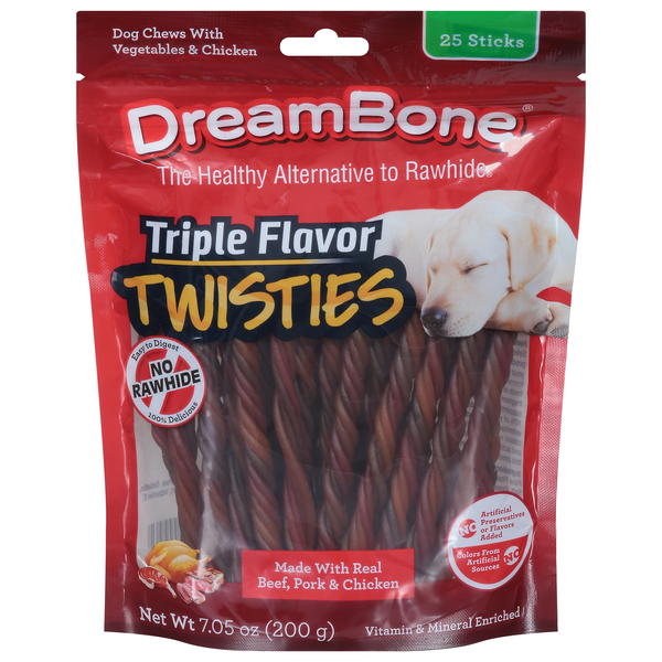 DreamBone Triple Flavor Twisties Veg/Chicken Rawhide Free Dog Chews 25 ct