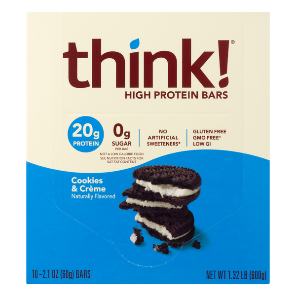 think! Gluten Free 0 Sugar Cookies & Creme 20g High Protein Bars - 10 ct