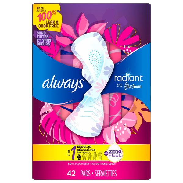 Always Radiant Size 1 Light Clean Scent Regular Pads with Wings