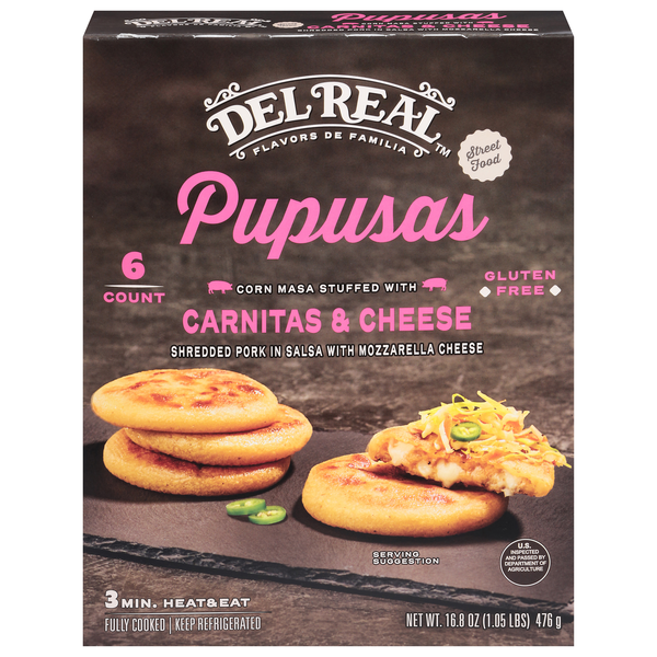 Del Real Gluten Free Carnitas & Cheese Pupusas - 6 ct Refrigerated