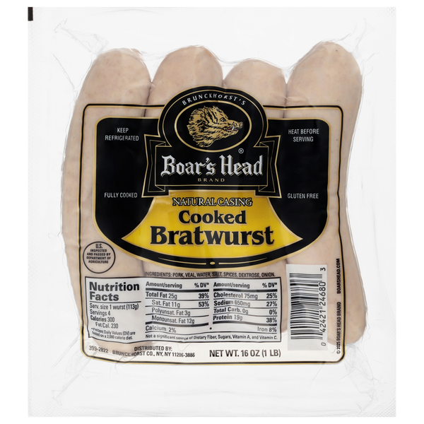 Boar's Head Natural Casing Cooked Bratwurst - 4 ct