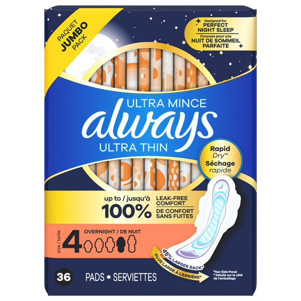 Always Ultra Thin Size 4 Unscented Overnight Pads with Wings