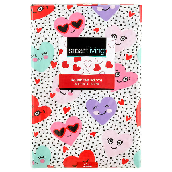 Smart Living Round Valentine's Day Tablecloth Smiley Face Hearts 60 Inch