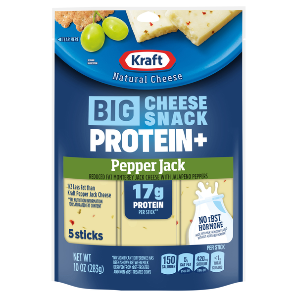 Kraft Natural Cheese Reduced Fat Pepper Jack 17g Protein Big Sticks - 5 ct