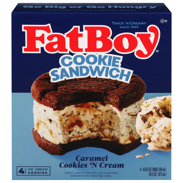 FatBoy Caramel Cookies 'N Cream Ice Cream Cookie Sandwiches- 4 ct