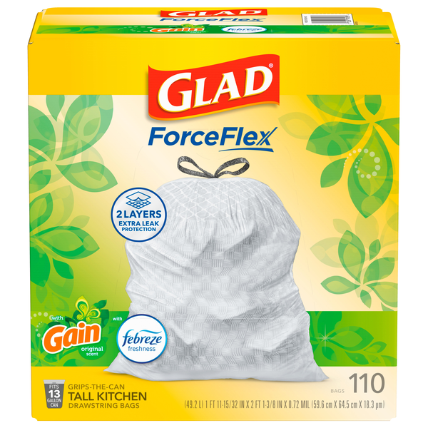 Glad ForceFlex Gain Original Tall Kitchen Drawstring Bags 13 Gallon