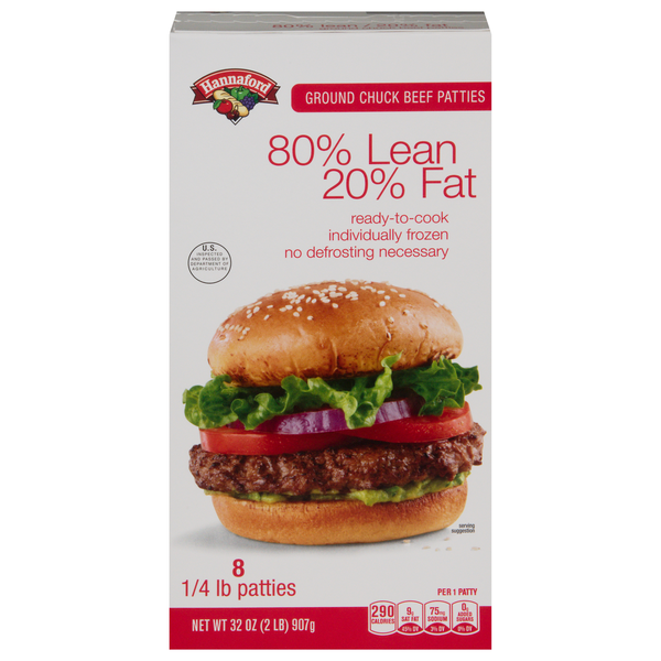 Hannaford 80% Lean 20% Fat 1/4 lb Ground Beef Chuck Patties - 8 ct Frozen