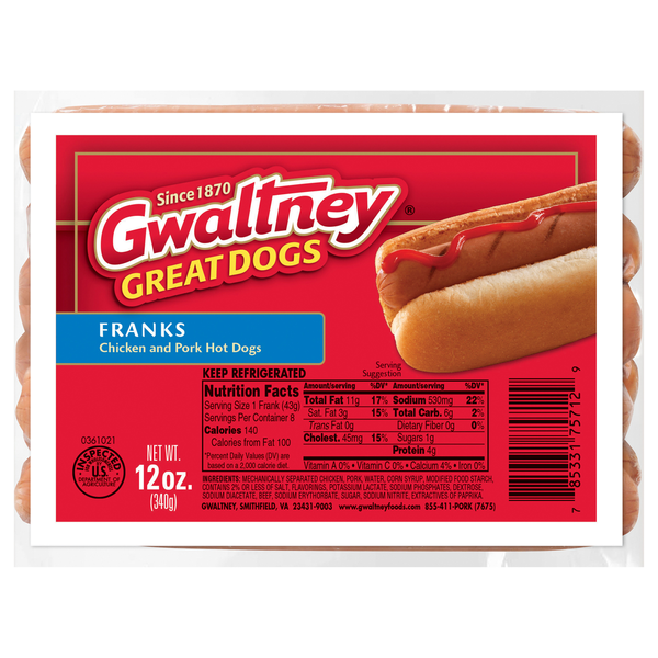 Gwaltney Great Dogs Chicken & Pork Franks - 8 ct