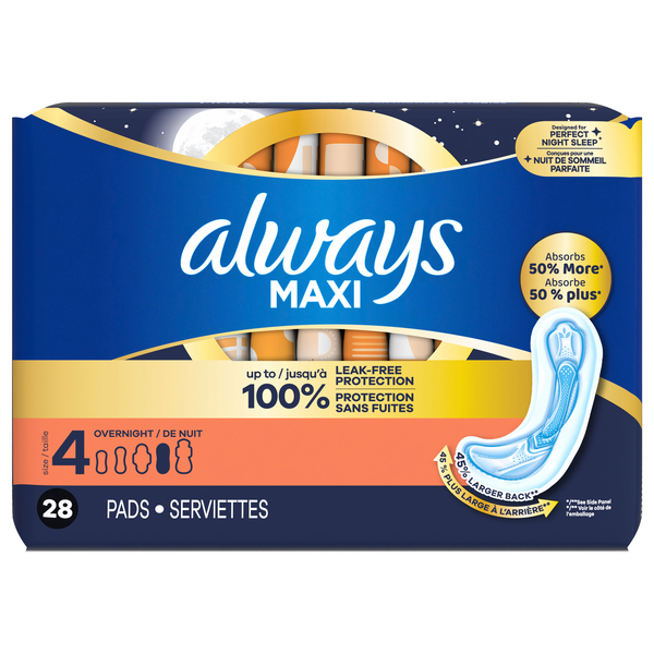 Always Maxi Size 4 Unscented Overnight Pads No Wings