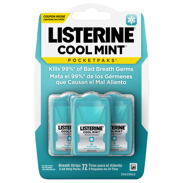 Listerine Pocket Paks Breath Strips Cool Mint 24 ea ct - 3 pk