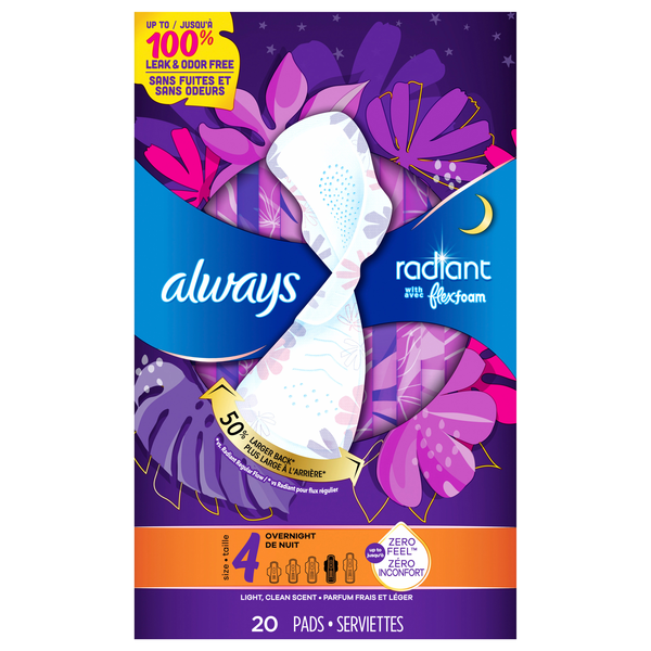 Always Radiant Size 4 Light Clean Scent Overnight Pads with Wings