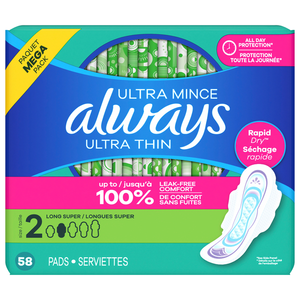 Always Ultra Thin Size 2 Unscented Long Super Pads with Wings
