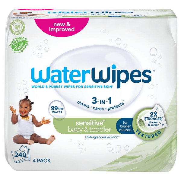 WaterWipes Sensitive+ 99.9% Water Based Textured Baby & Toddler Wipes 4 pk