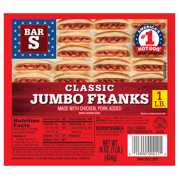 Bar-S Classic Jumbo Chicken & Pork Franks - 8 ct