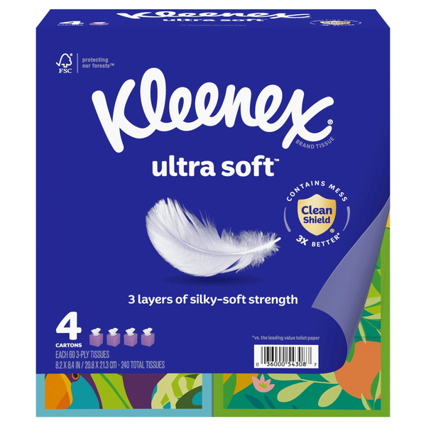 Kleenex Ultra Soft 3-Ply Facial Tissue Cube Box 60 ct ea - 4 pk