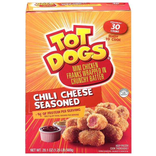 Tot Dogs Chili Cheese Seasoned Mini Chicken Franks in Crunchy Batter